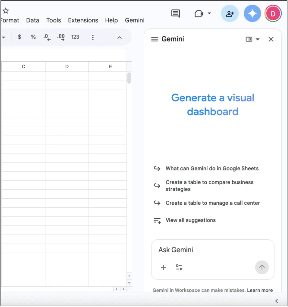 Google Sheets AI Side Panel