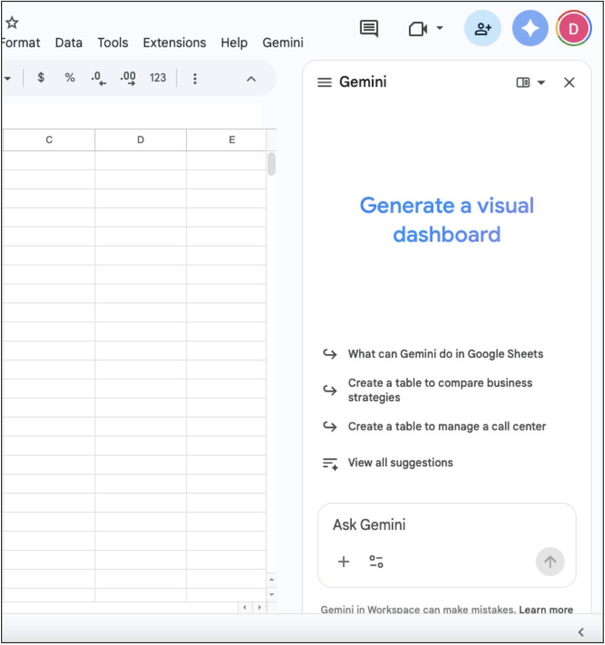 Google Sheets AI Side Panel